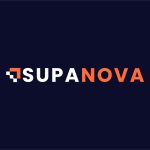 Logo of SupaNova in white and orange and dark blue background.
