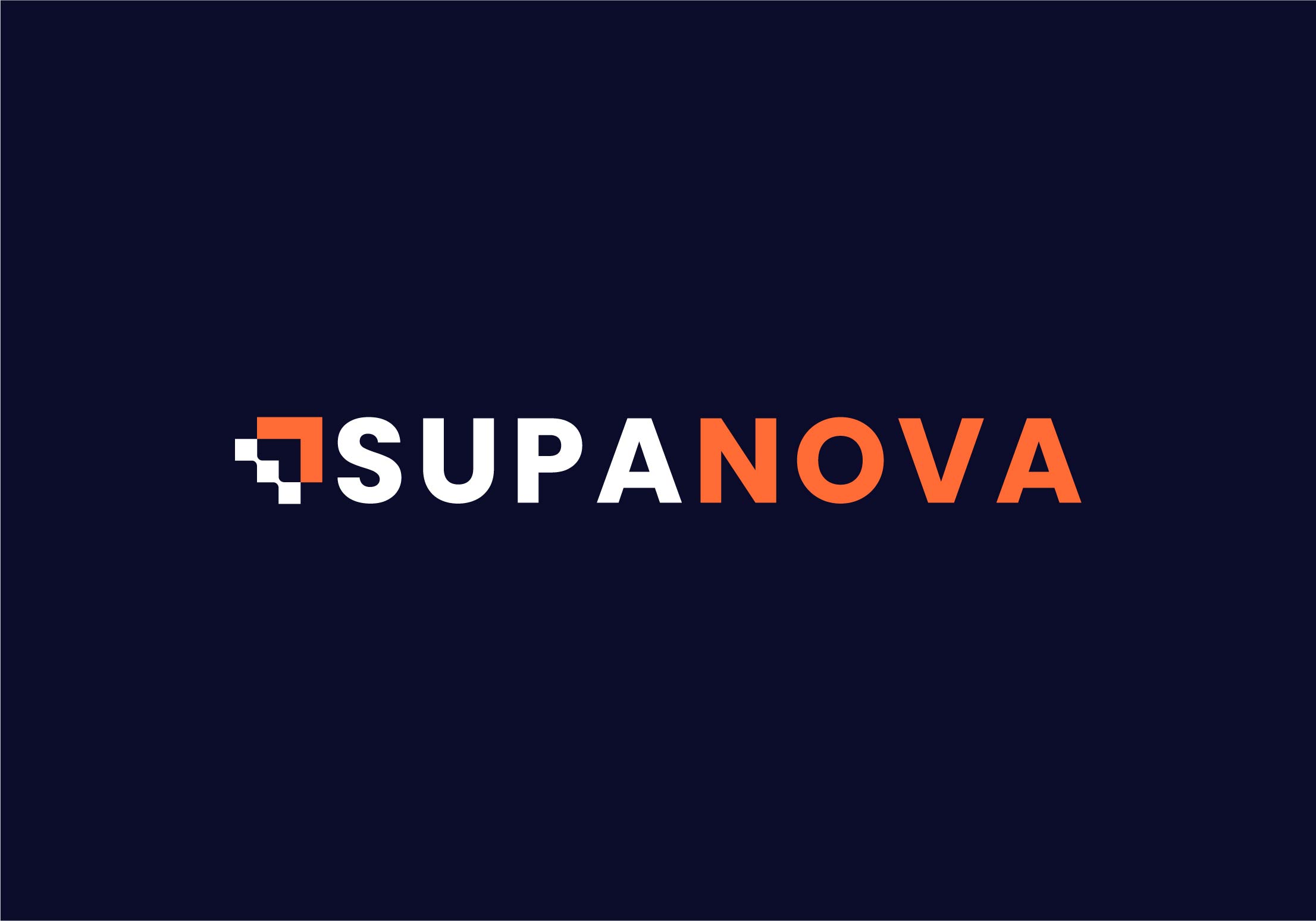 Logo of SupaNova in white and orange and dark blue background.